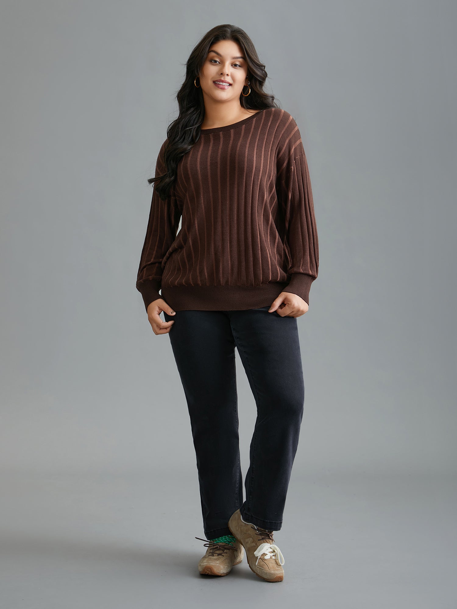 Textured Ribbed Hem Round Neck Pullover