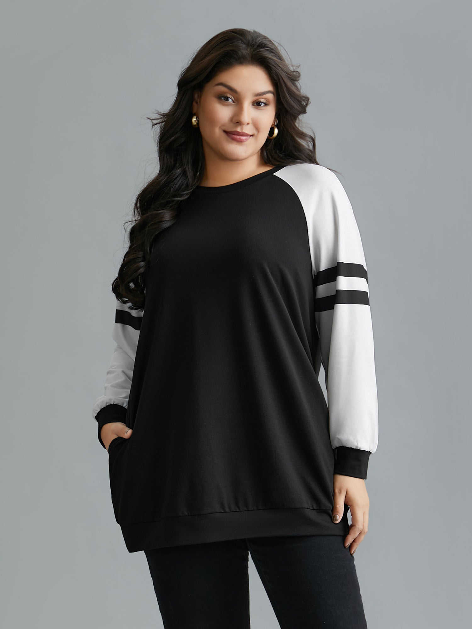 Color Block Raglan Sleeve Stretchy Sweatshirt