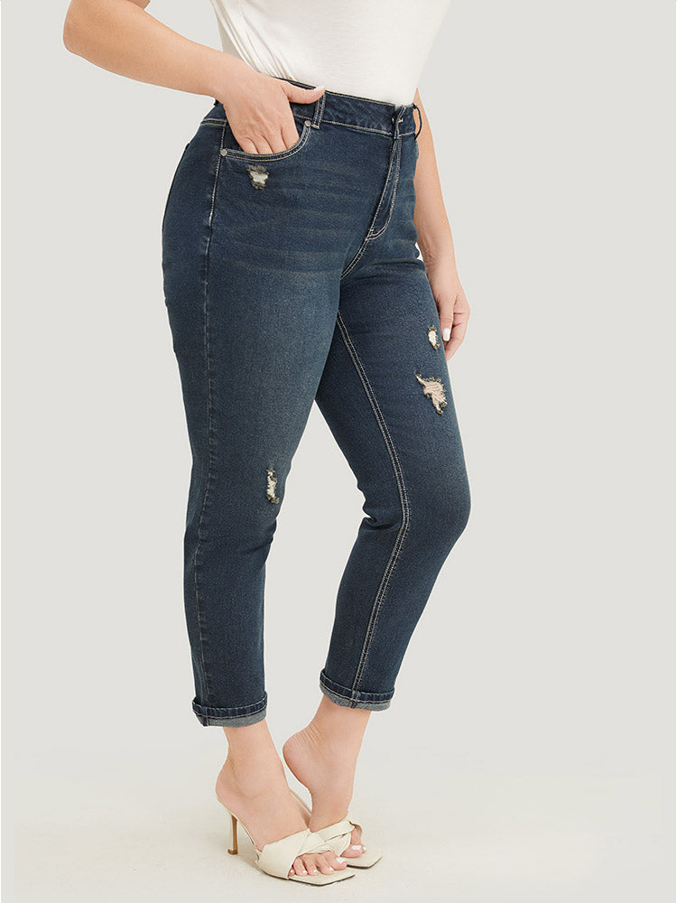 Very Stretchy  High Rise Dark Wash Distressed Stitch Jeans