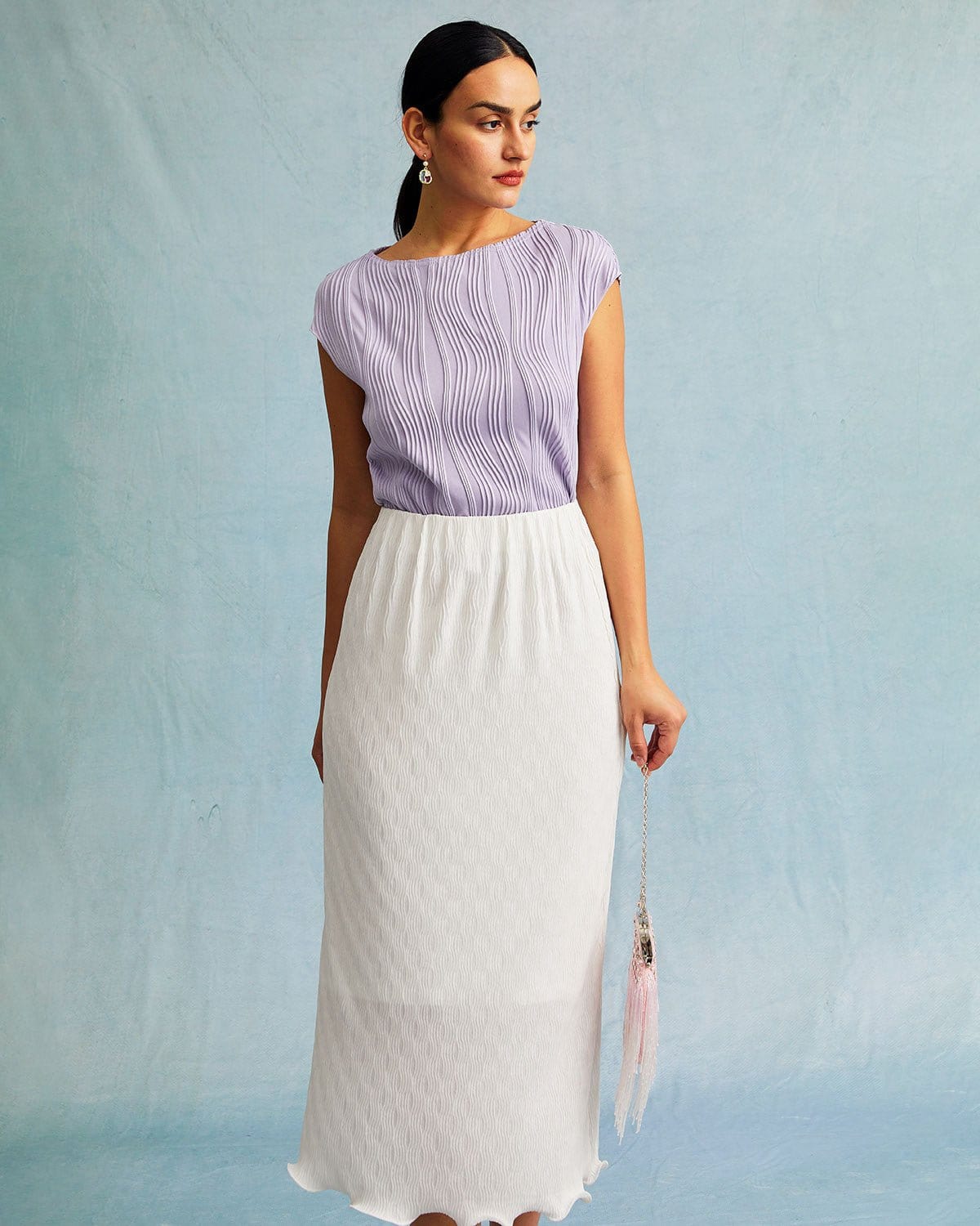 The White Water Ripple Textured Hem Midi Skirt