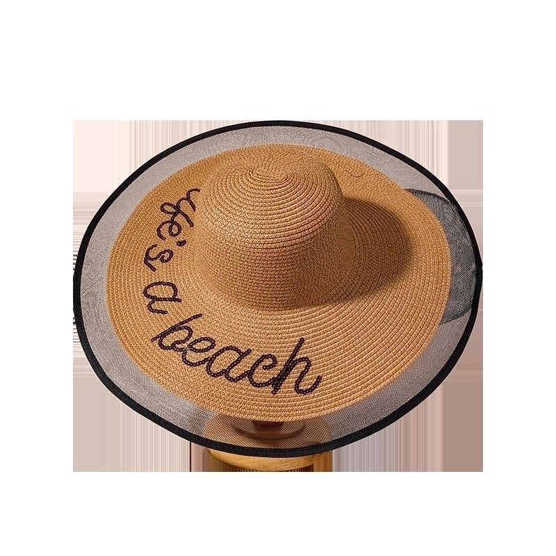 Simple Wide-brimmed New Trend Sequin Embroidery Lace Edge Straw Hat