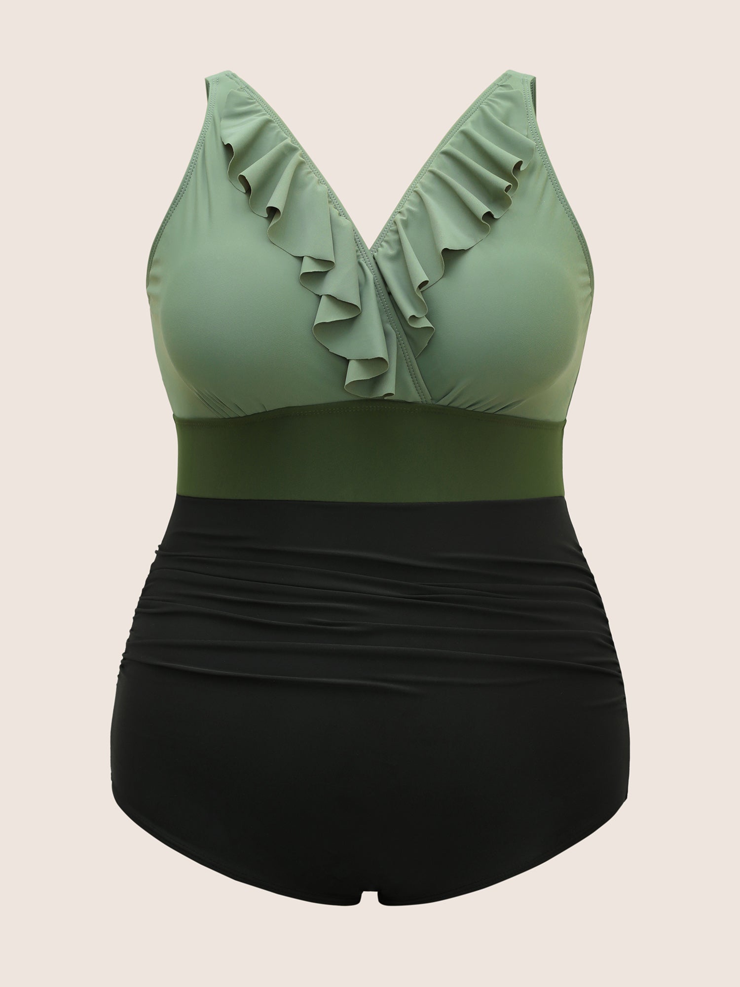 Contrast Patchwork Ruffle Trim Gathered One Piece Swimsuit