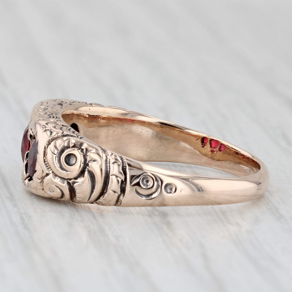 Antique Ornate Red Glass Garnet Ring 8k Rose Gold Size 8.75 Round 3-Stone