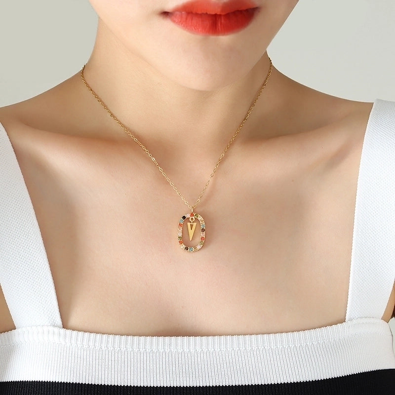 INS Style Letter Oval Titanium Steel Zircon 18K Gold Plated Inlay Necklace
