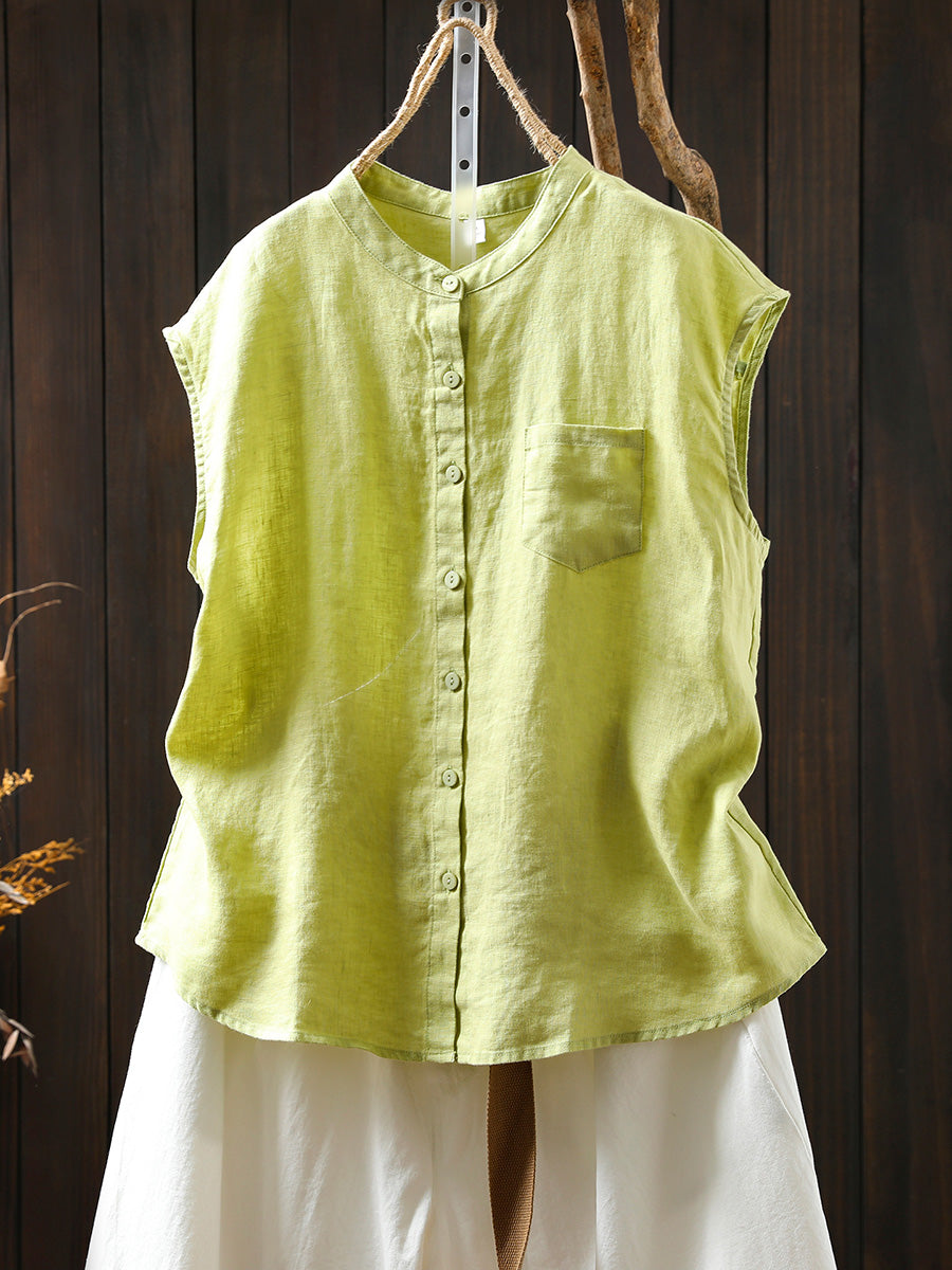 Women Summer Casual Pure Color Stand Collar 100%Linen Shirt