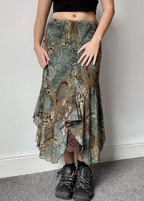 Vintage Green Print Lace Patchwork Skirts Summer