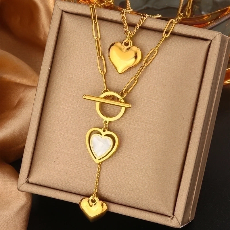 Vintage Style Commute Devil's Eye Heart Shape Lock 304 Stainless Steel Turquoise Rhinestones Pearl 18K Gold Plated Plating Inlay Layered Necklaces