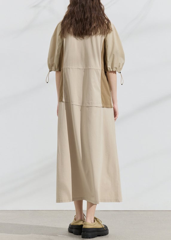 Original Design Khaki Drawstring Patchwork Cotton Dresses Summer