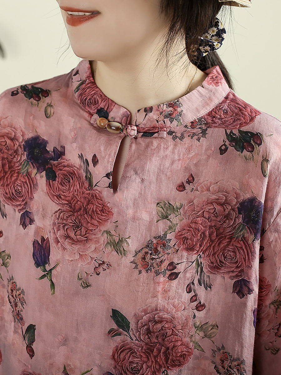 Women Summer Vintage Flower Stand Collar 100%Ramie Shirt