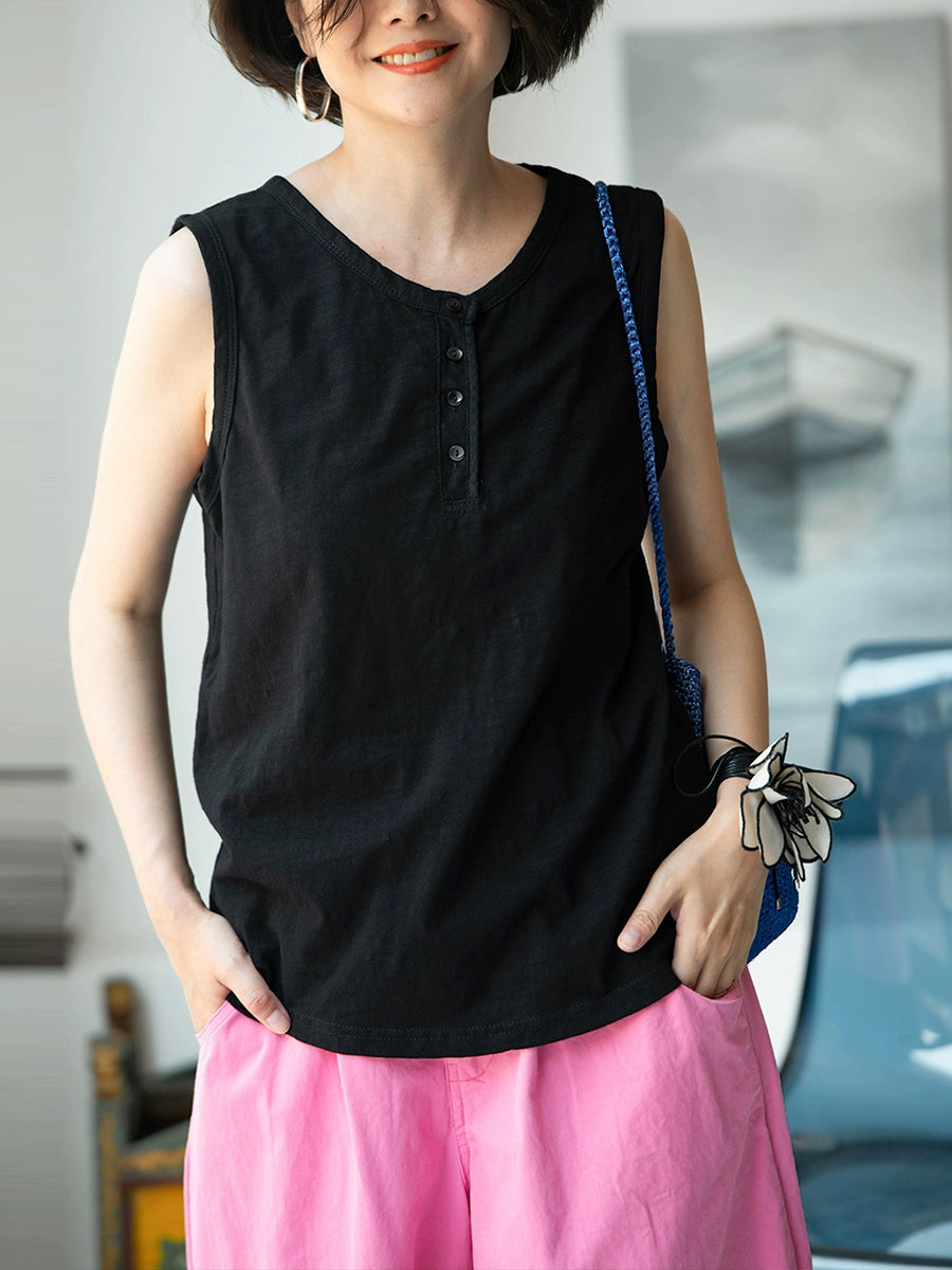 Women Summer Pure Color O-Neck 100%Cotton Vest