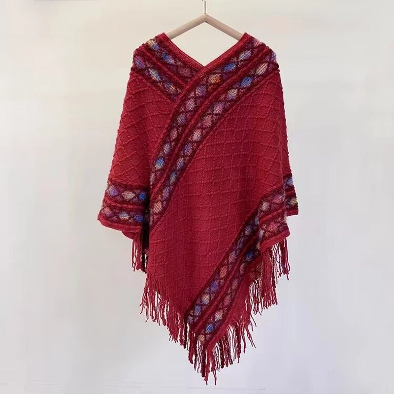 Rainbow Plaid Ethnic Style Cashmere-like Tassel Knitted Shawl For Women New Versatile Travel Warm Pullover Cape Manufacturer
