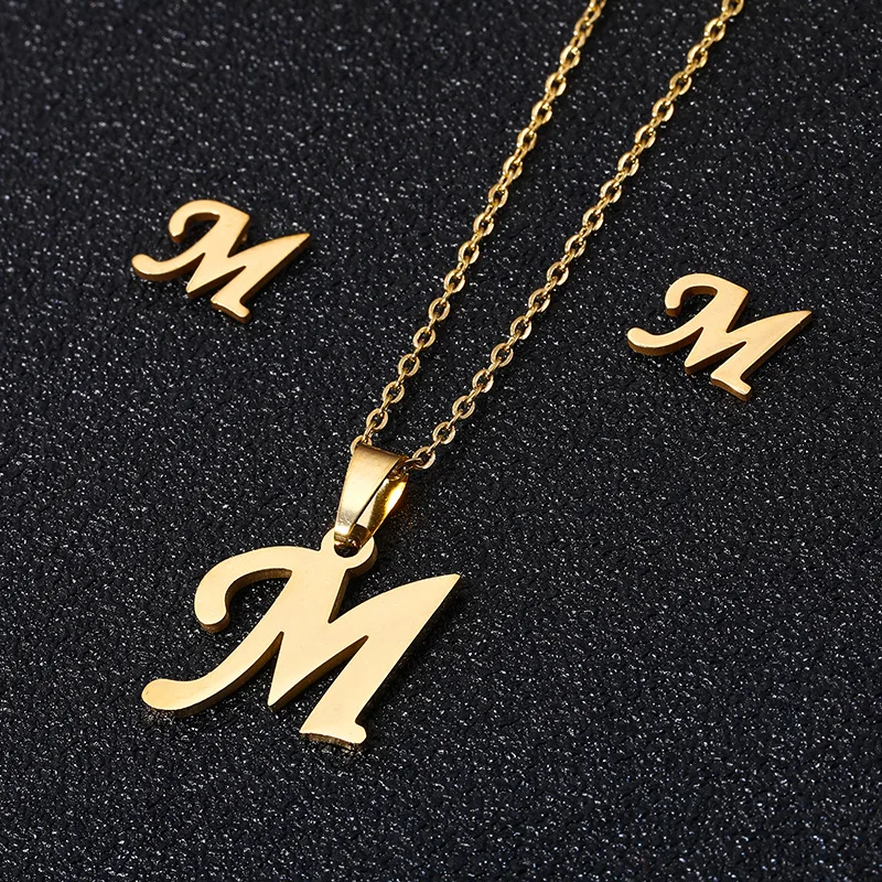 New Fashion Stainless  Jewelry 18K Gold Plated A-Z 26 Initial Letters Alphabet Pendant Necklace Earring Sets For Women