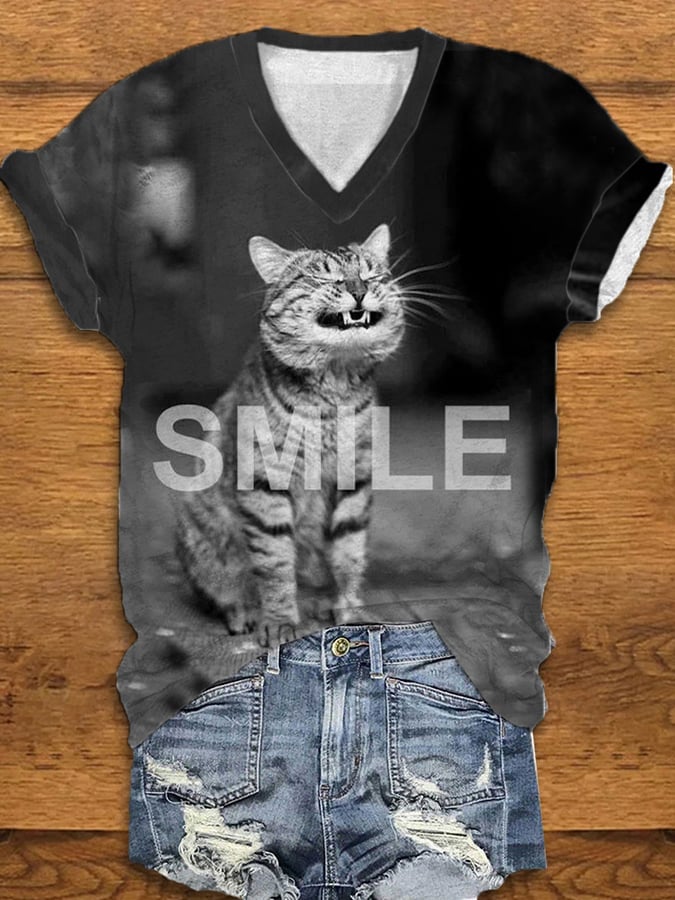 Women's Funny Cat  Print V-Neck T-Shirt