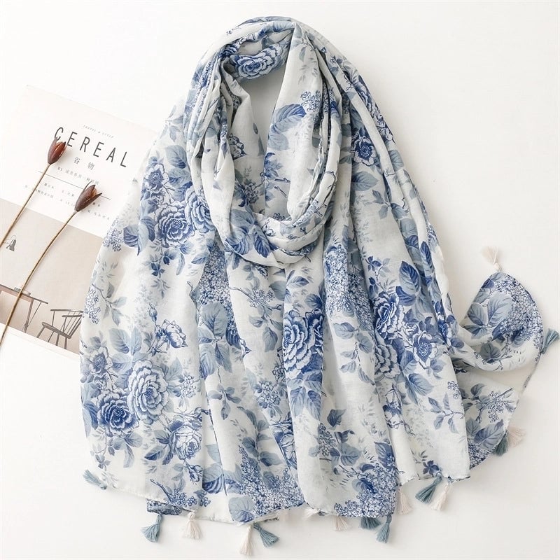 Yarn Cotton Fruit Green Bright Yellow Leaf Printing Tassel Scarf Shawl