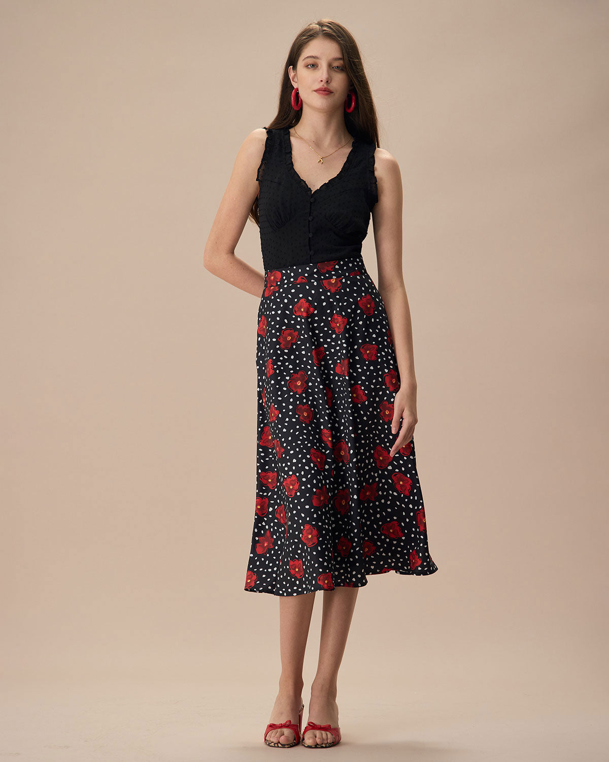 The Black High-Waisted Floral Pocket Midi Skirt