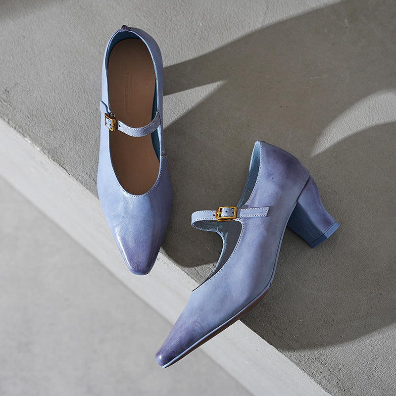 60mm Kitten Heel Point Toe Mary Jane Horsehide Pumps in Blue/Black/White