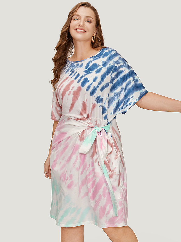 Tie Dye Dolman Sleeve Pocket Knot Side Dress