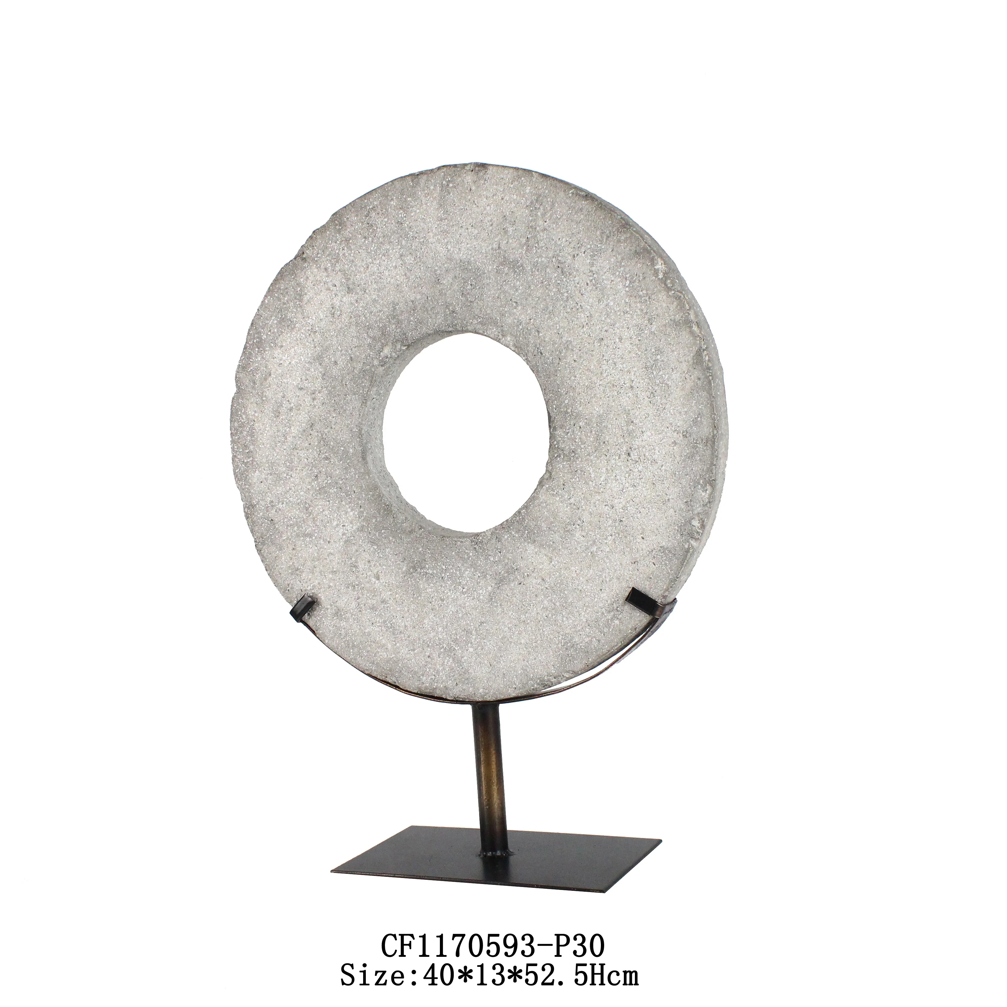 Resin Round Shaped Hole Imitation Stone Sculpture Ornaments Home Decor with Metal Base