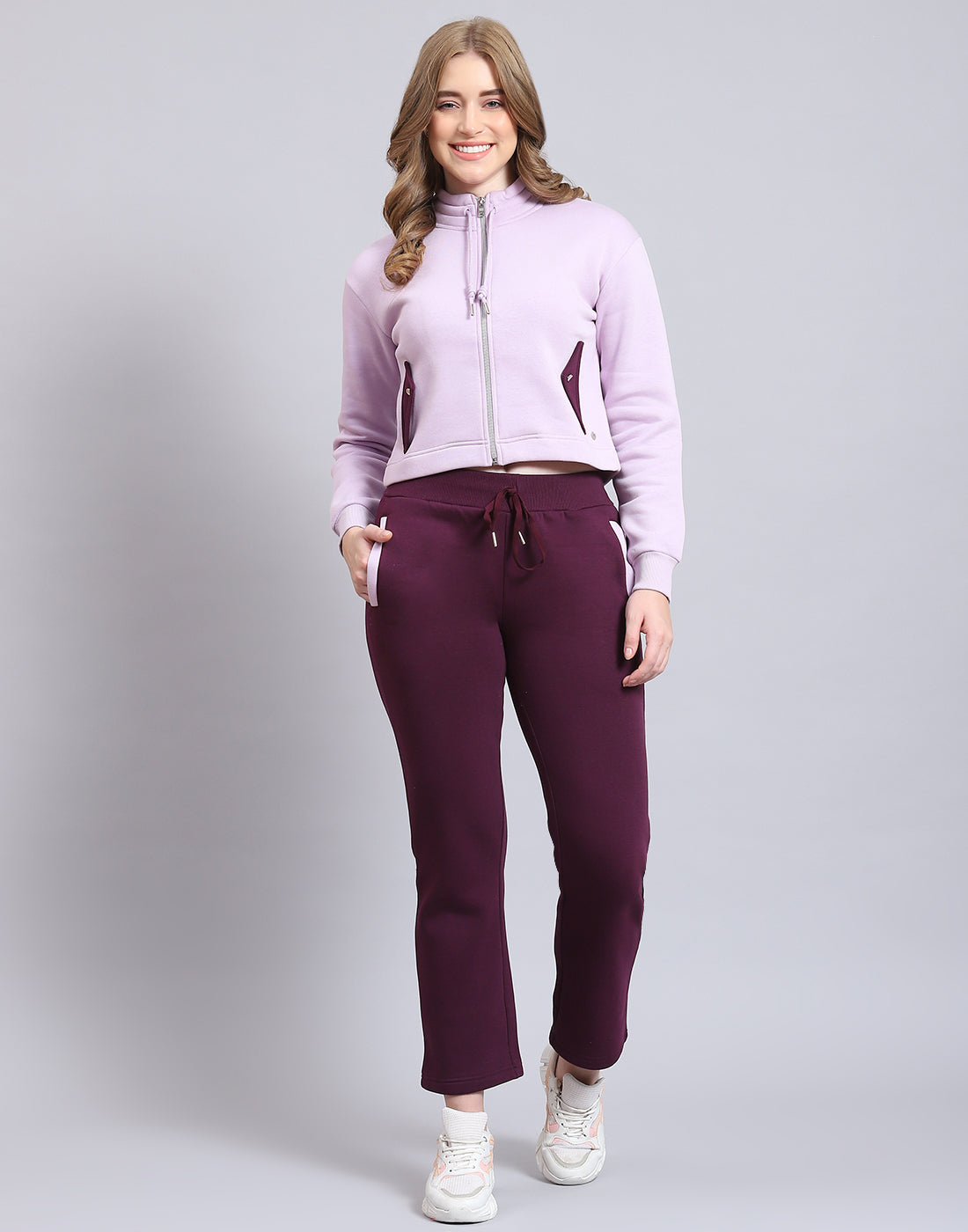 Women Purple Solid Stand Collar Full Sleeve Tracksuit