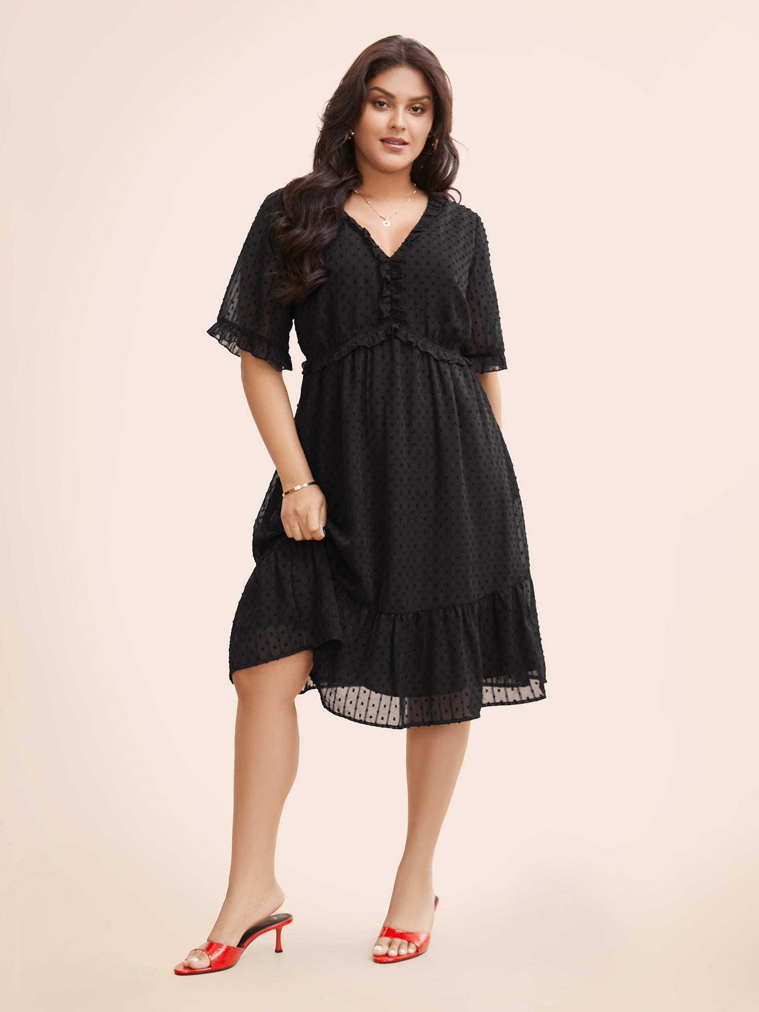 Jacquard V Neck Ruffle Sleeve Dress