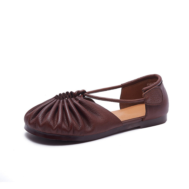Soft Leather Flat Sandals Wrinkled Closed Toe X-Strap Casual Shoes with Velcro Design in Coffee1/Coffee2/Grey/Khaki