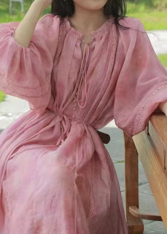 Loose Pink Ruffled Lace Up Cotton Long Dress Lantern Sleeve