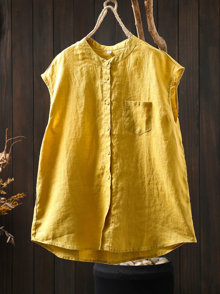Women Summer Casual Pure Color Stand Collar 100%Linen Shirt
