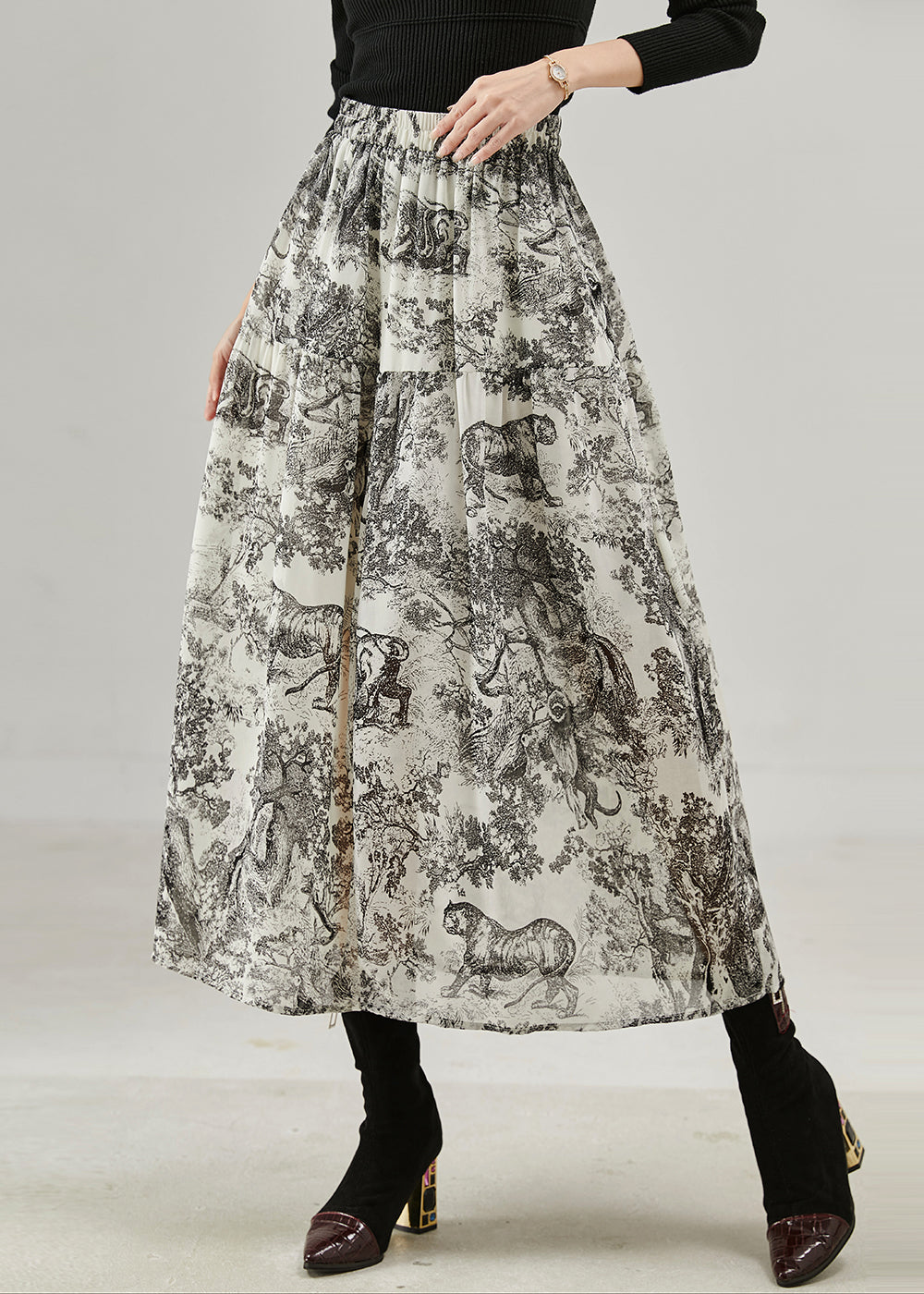 Vintage Black Print Cotton A Line Skirts Spring