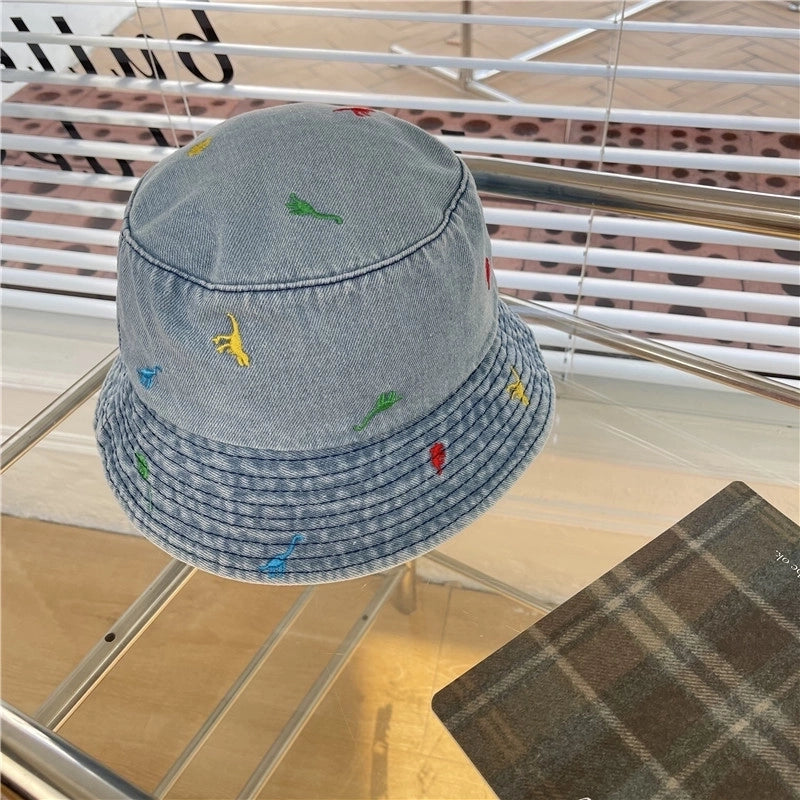 Women's Cute Basic Dinosaur Embroidery Wide Eaves Bucket Hat