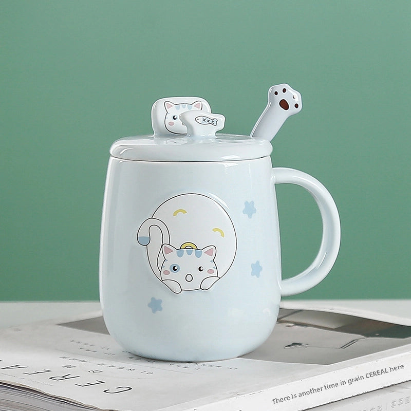 Cat Mug With Lid Spoon Ceramic Cup Creative Personality Trendy Office Cartoon Ins Household Coffee Cup