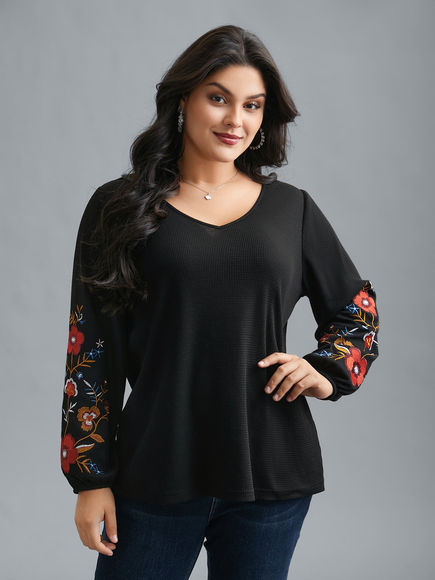 Waffle Knit Floral Embroidered Top