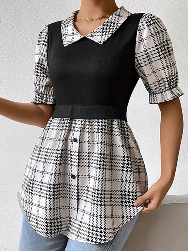 Bishop Sleeve False Two Buttoned Elasticity Plaid Split-Joint Lapel Blouses&Shirts Tops