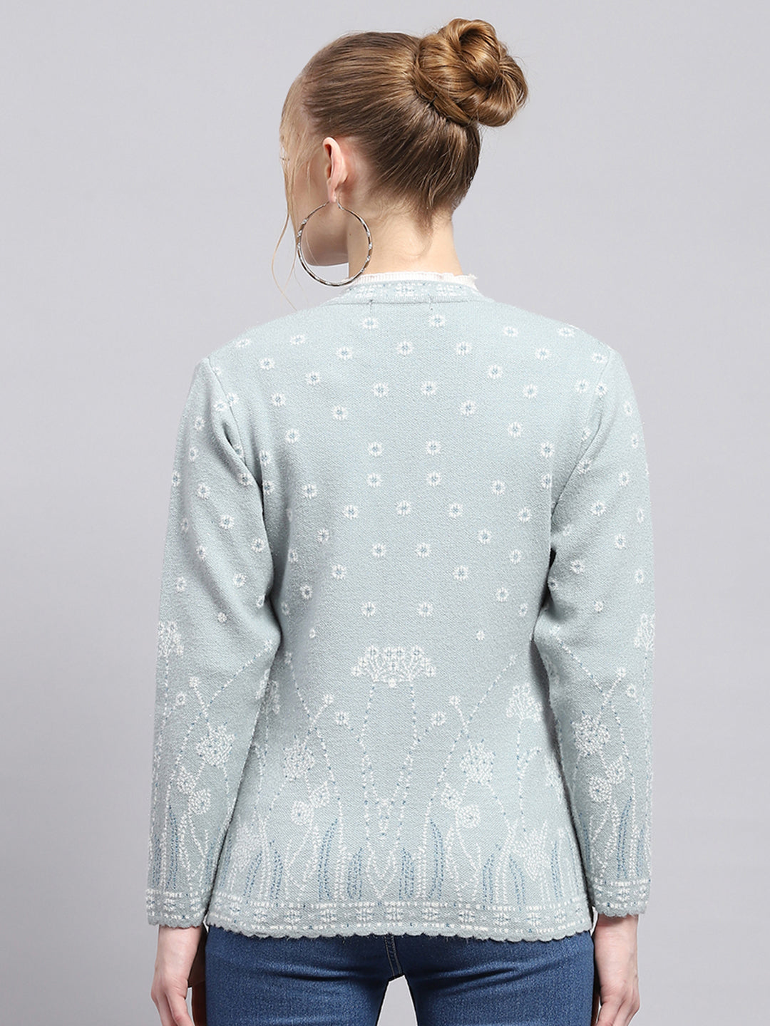 Women Blue Embroidered V Neck Full Sleeve Cardigan