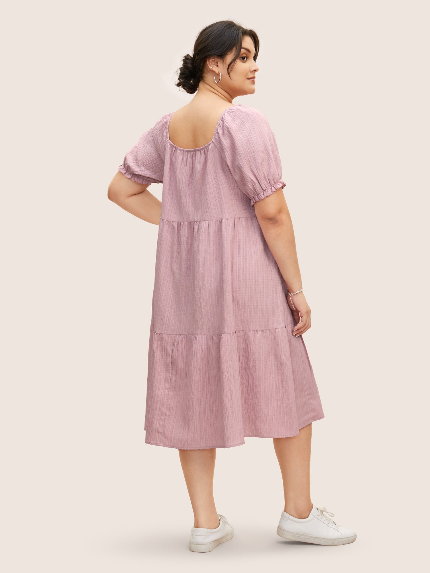 Square Neck Textured Ruffle Layered Hem Dress