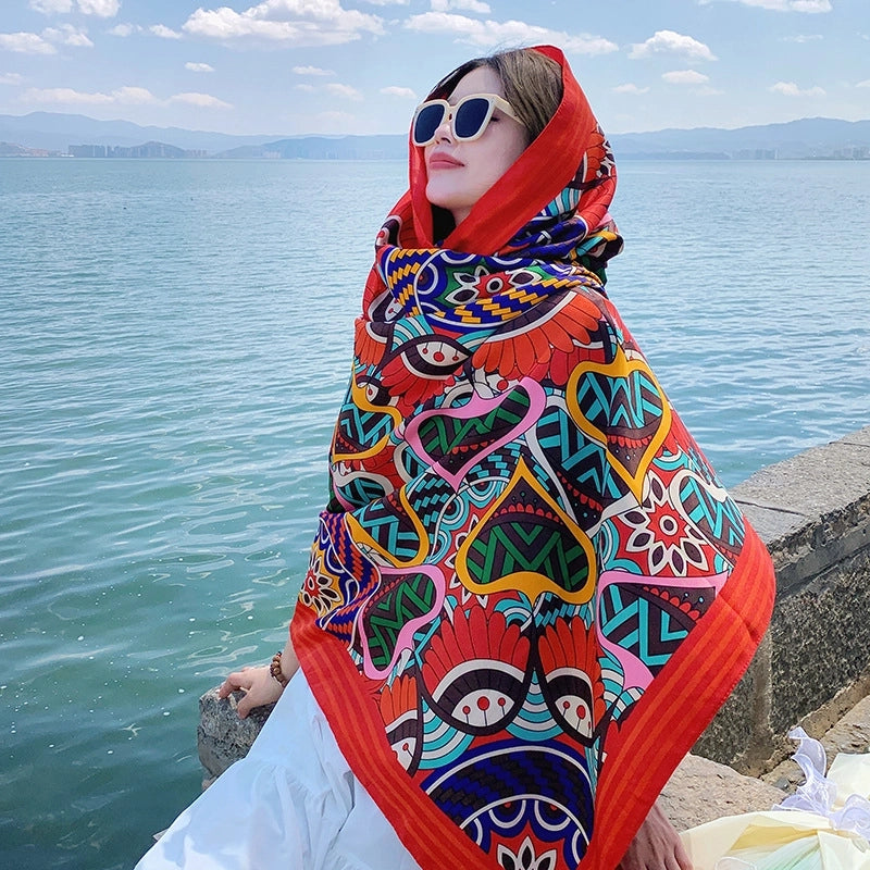 Silk Scarf Women's Summer Seaside Beach Sunscreen Shawl Scarf Dual-use  Long Ethnic Style Plus Size Travel Silk Scarf