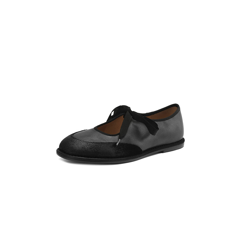 Classic Leather Mary Jane Flats for Women Lace-Up Comfort Shoes in Black/Brown