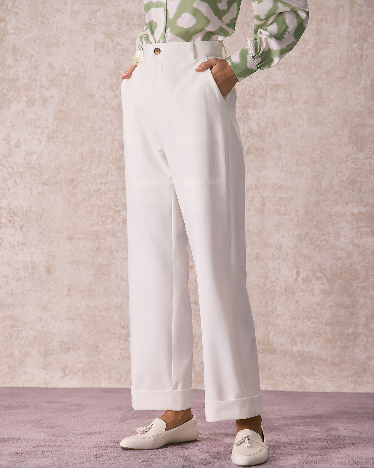 The White High Waisted Button Straight Pants