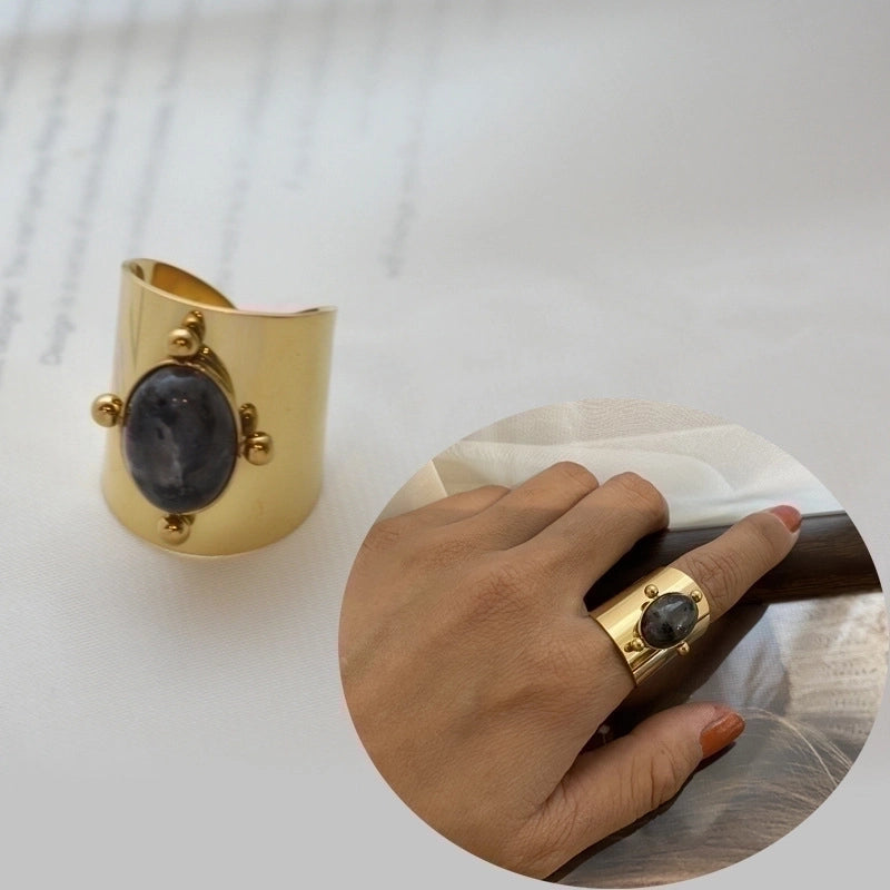 Fashion Round Square 304 Stainless Steel Artificial Gemstones 14K Gold Plated Plating Inlay Open Ring