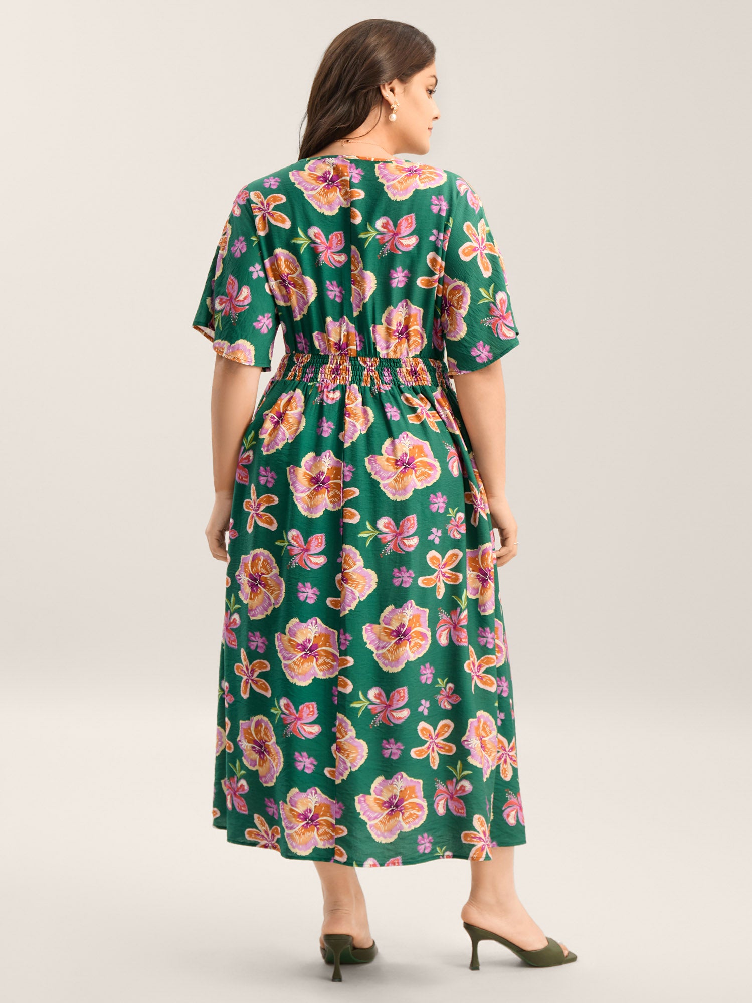 Large Floral Print Shirred Waist Midi Dress