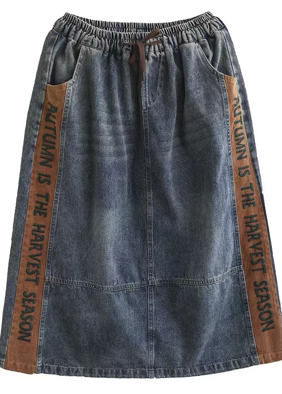 Simple Blue Pockets Patchwork A Line Fall Denim Skirts