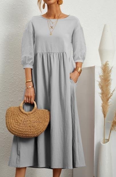 Women's Lantern Sleeve Cotton And Linen Dress