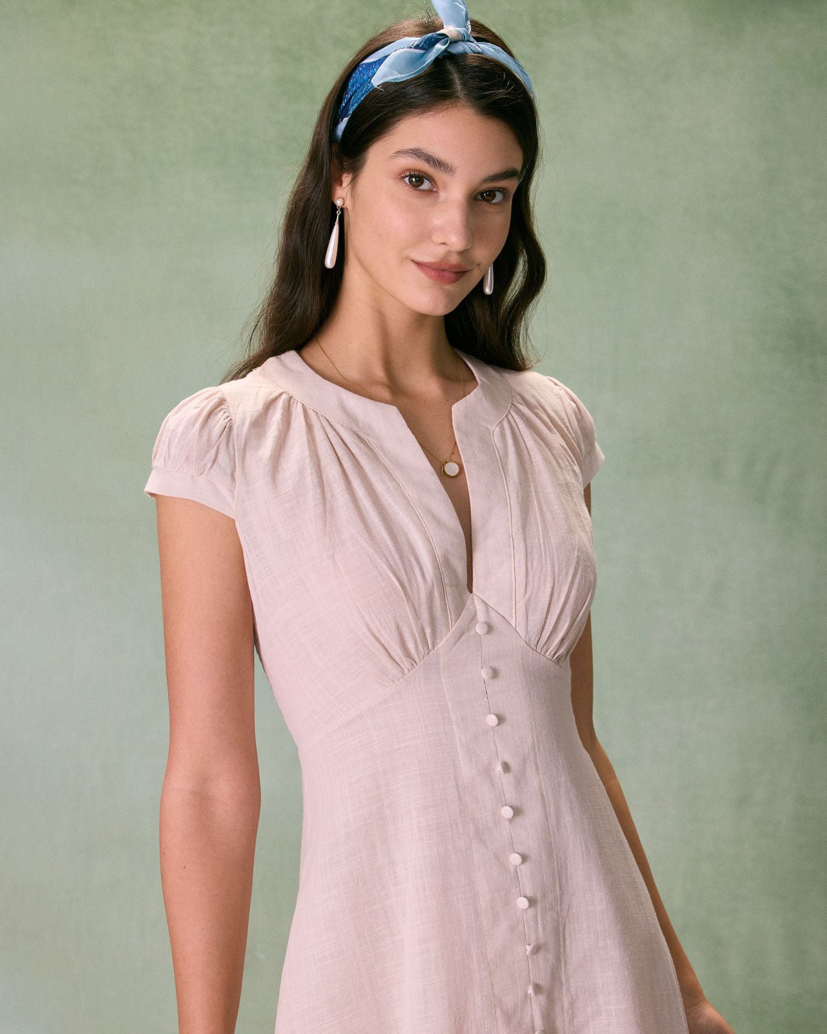 The Beige Cap Sleeve Split Hem Midi Dress