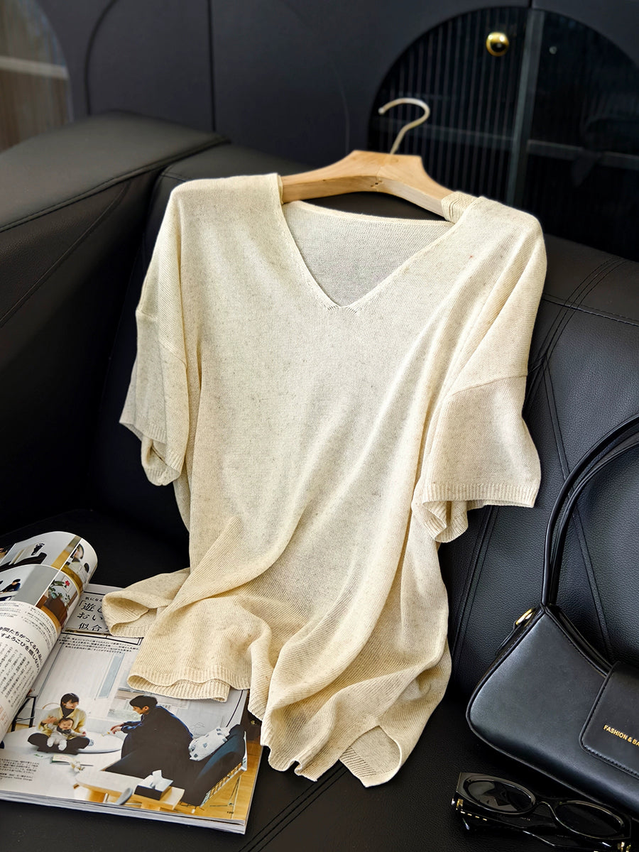 Women Summer Casual Pure Color Knitted V-Neck Shirt