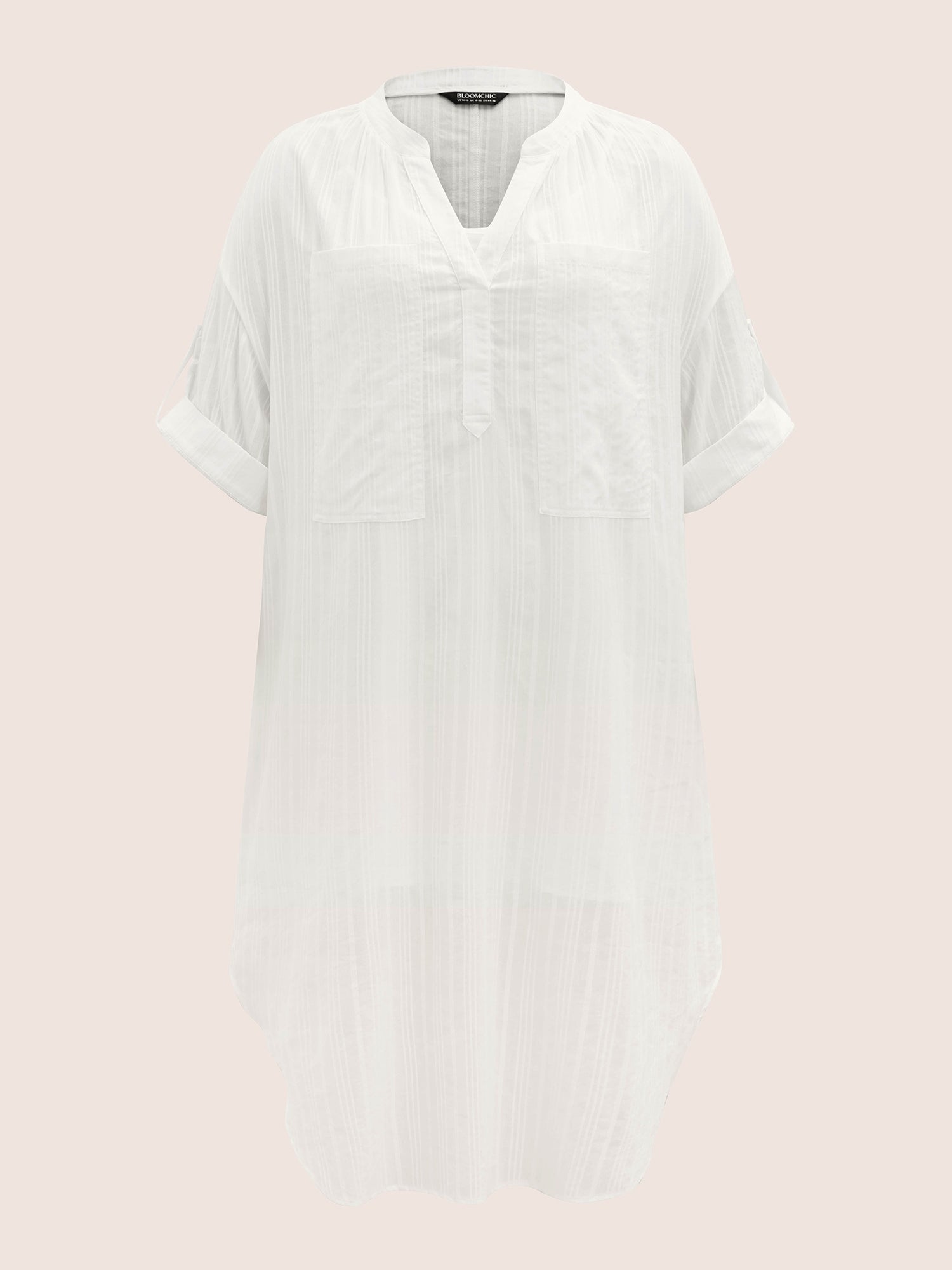 Notched Mesh Patched Pocket Button Cuff Sleeve Dress