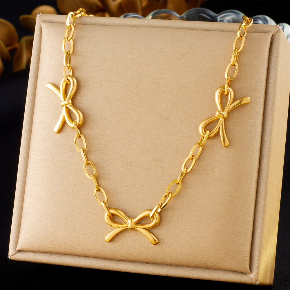 Fashion Simple Punk Retro Metal Gold Plated Stainless Steel Cross Chain Bow Accessories Necklace