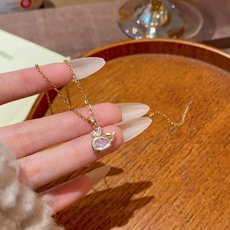 Minimalist Heart Shape Bow Knot Titanium Steel Inlay Zircon Pendant Necklace