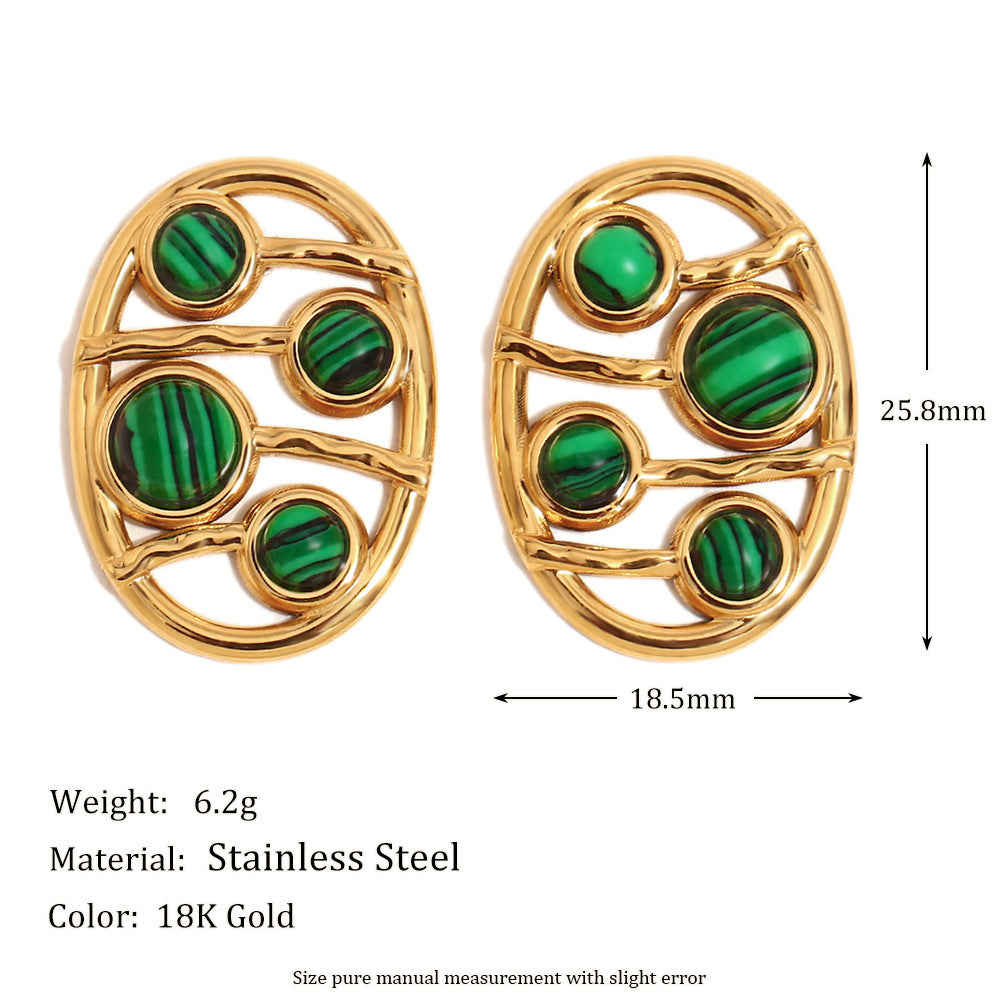 Niche Colorful Flower Hoop Earrings Stainless Steel 18K Gold Plated French Malachite Earrings