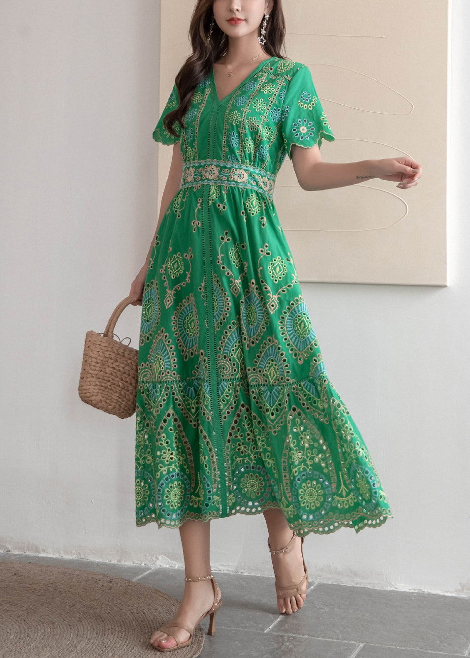 French Green Embroidered Hollow Out Cotton Long Dresses Summer