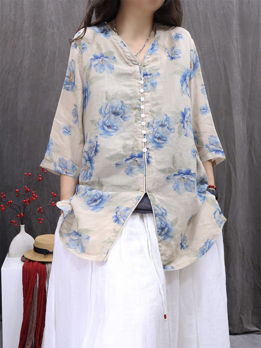 Women Summer Vintage Flower V-Neck 100%Ramie Shirt