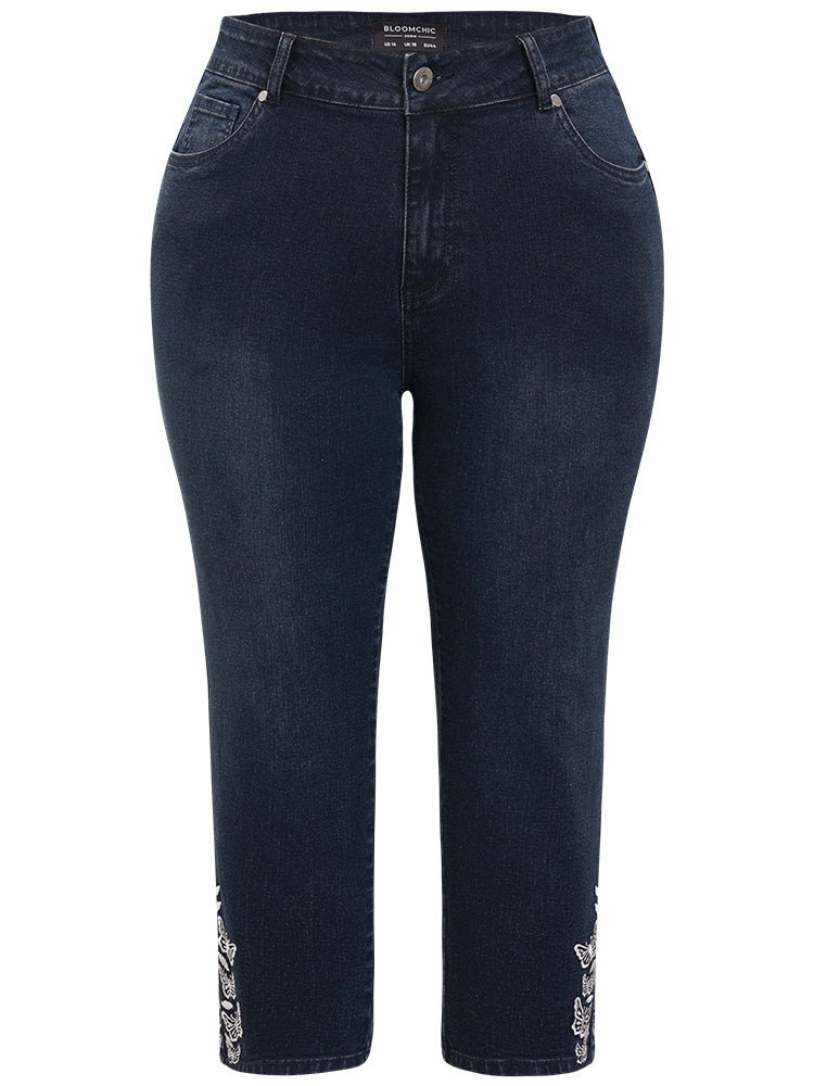 Very Stretchy High Rise Dark Wash Butterfly Embroidered Jeans